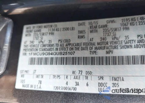 2016 Ford Escape Se z USA, uszkodzony, nr VIN 1FMCU9G94GUB25107